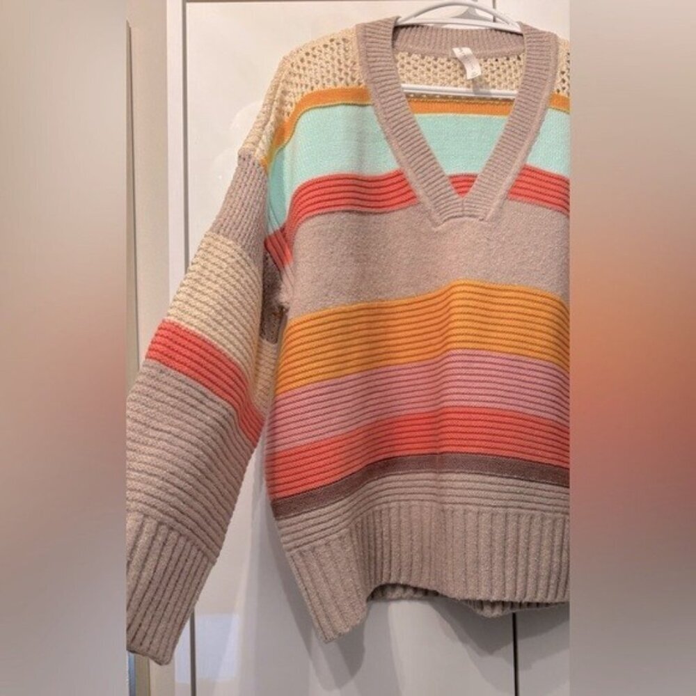 Anthropologie Taupe V-Neck Stripe Sweater with Mint & Orange Accents - Picture 7 of 16